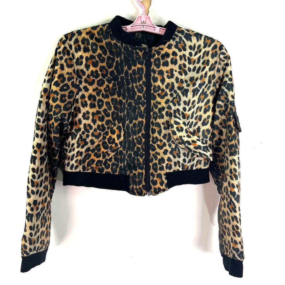 Rossodisera Italian Leopard Print Crop Zip Front Bomber Jacket S